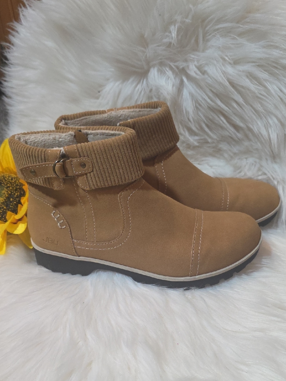 JBU Women's Tan Fold-Over Faux Fur Ankle Booties with Buckle